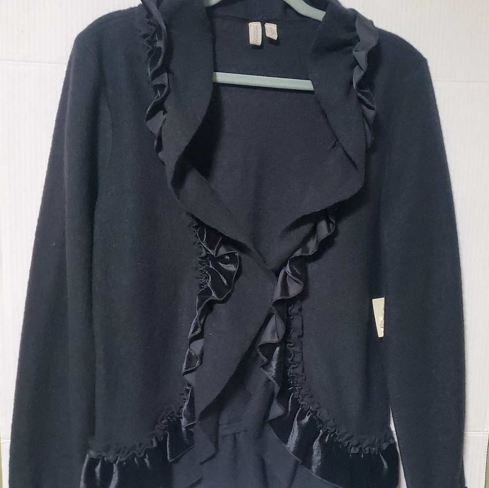 Madison Black Open Front Cardigan Sweater Women's Long Sleeve Ruffle Trim XLarge